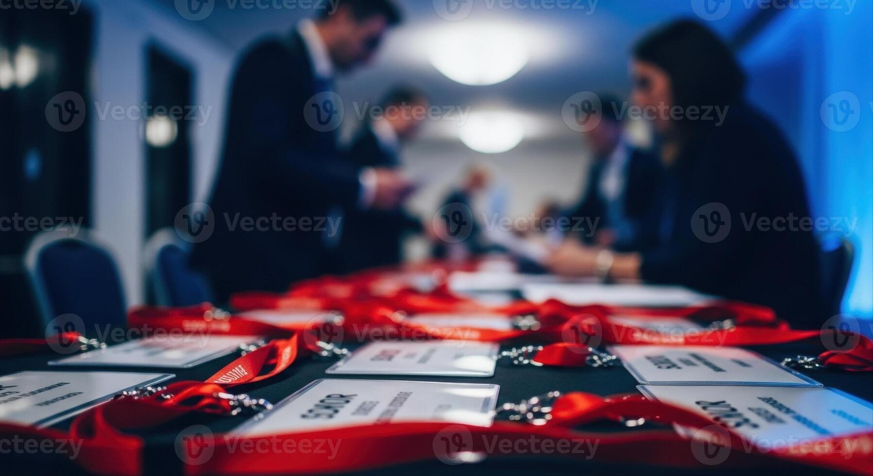 Red lanyards and name tags arranged on a table at a busy conference registration desk. photo