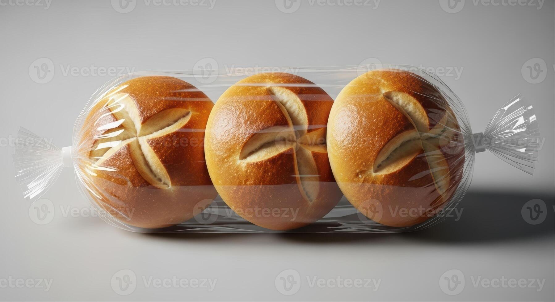 Three golden brown round bread rolls with cross cuts sealed in clear plastic packaging photo