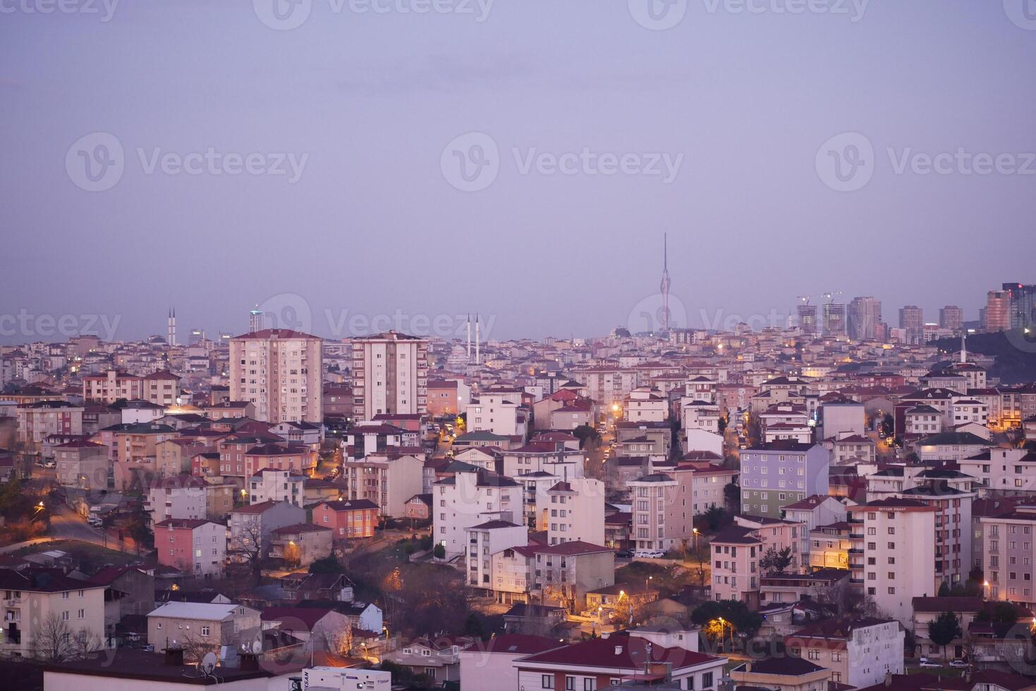 City skyline at dusk showcasing residential architecture photo