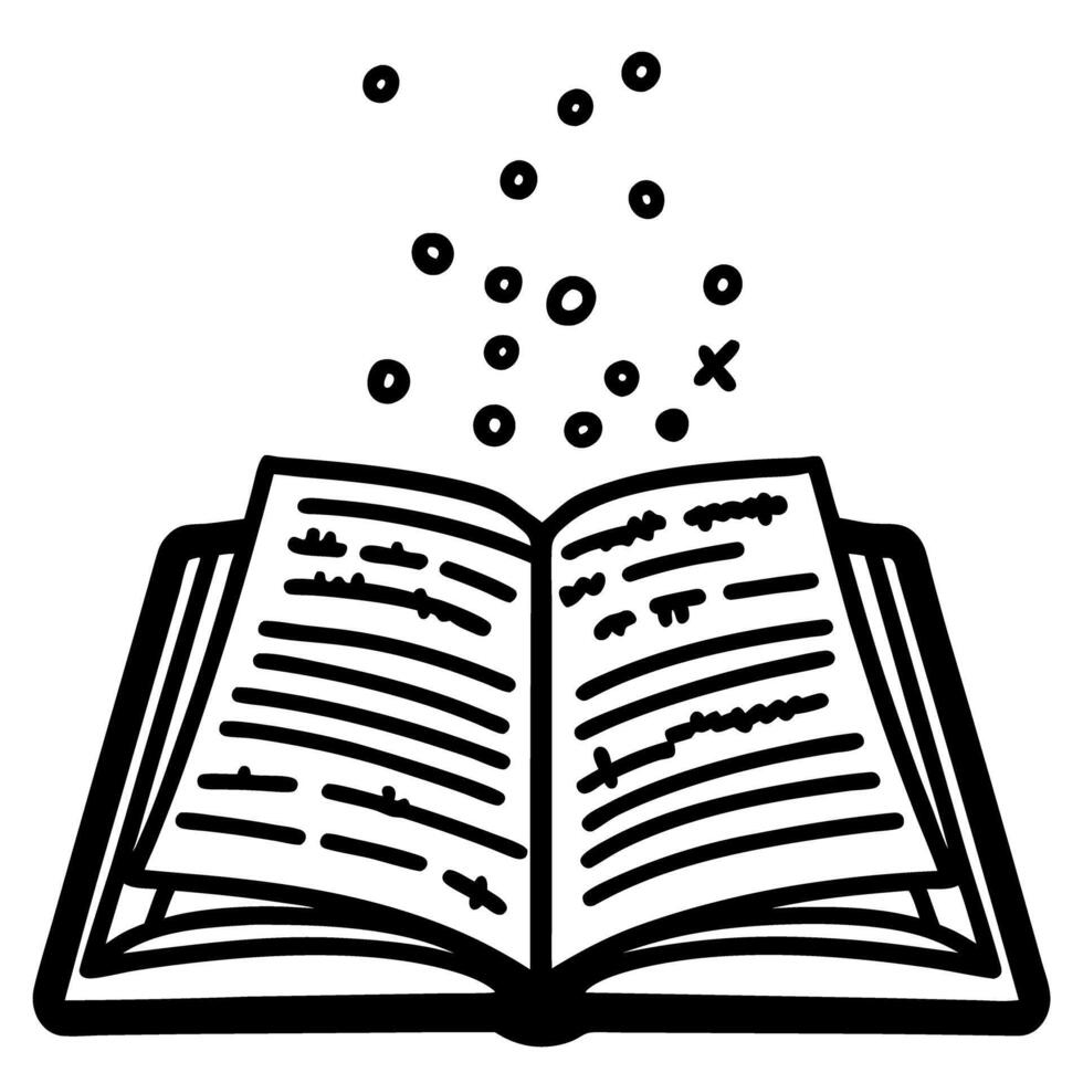 Open book with flying magical sparks fantasy literature, imagination, learning, storytelling icon illustration vector