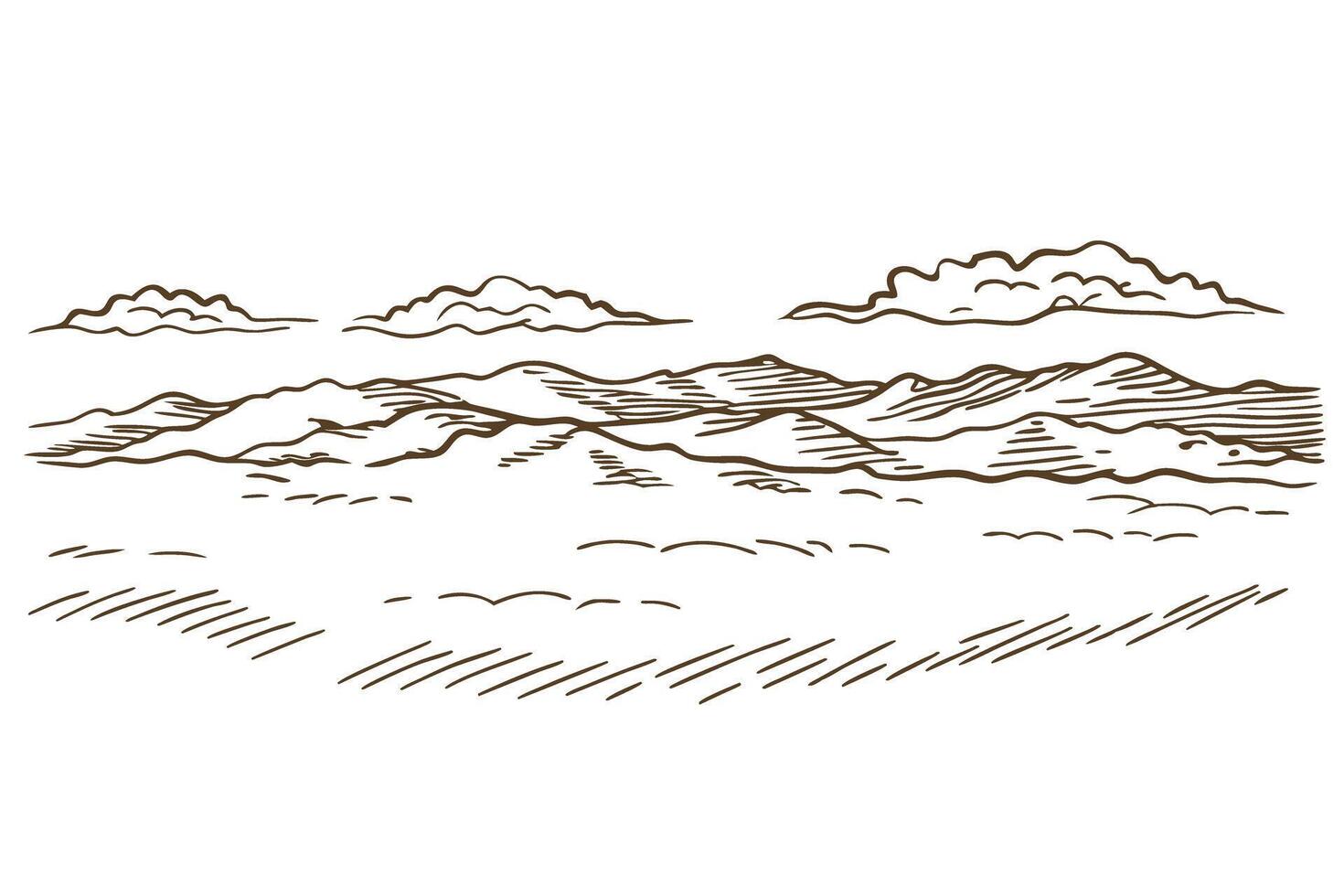 Mountain landscape sketch with clouds hand drawn nature illustration, hills, peaks and sky in minimal line art vector