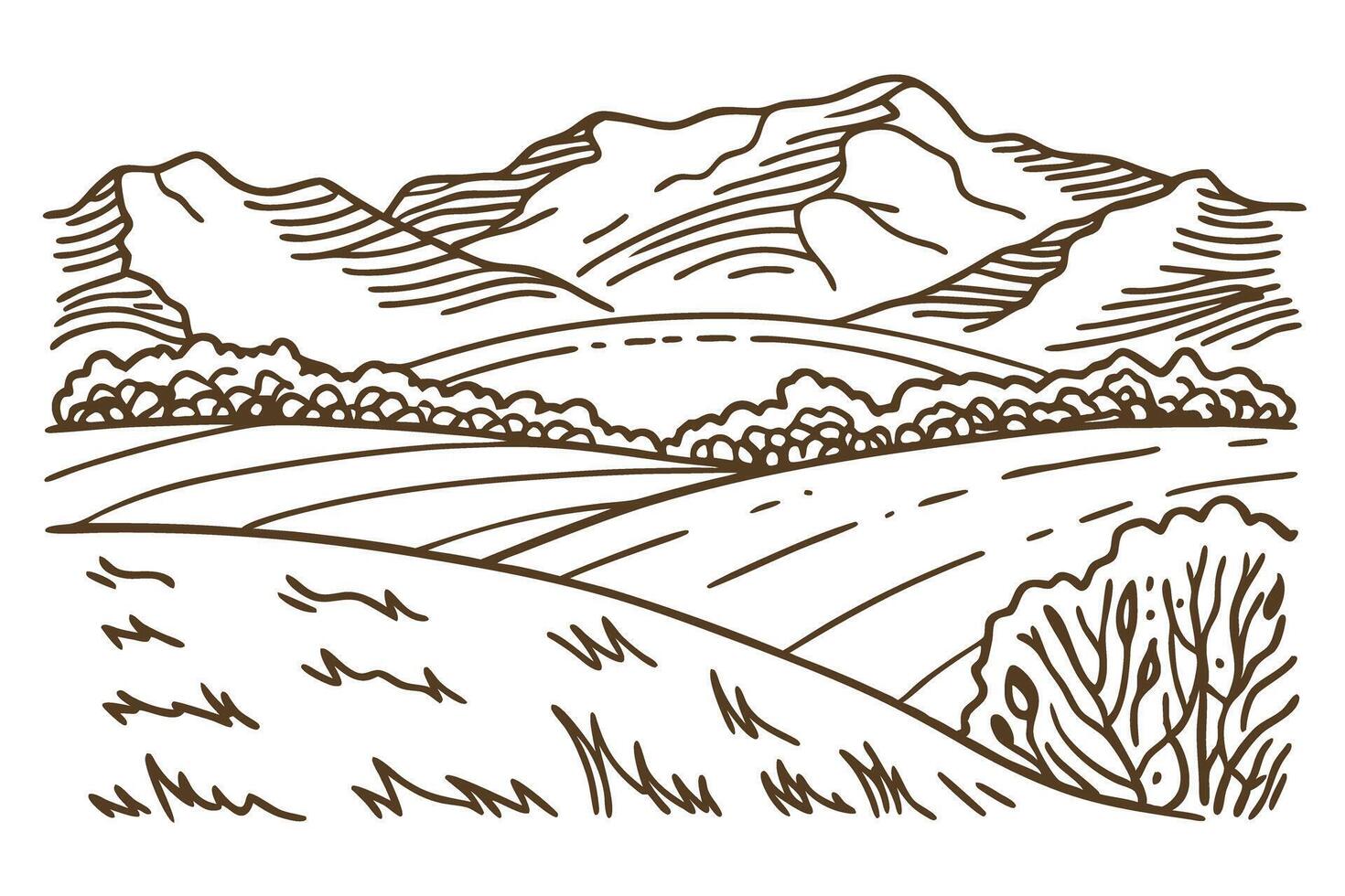 Rolling countryside hills with fields, mountain range background, sketch landscape, rural agriculture scene vector
