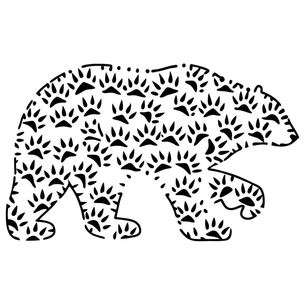 Bear silhouette made of paw print patterns abstract animal design, wildlife concept, creative black and white art vector
