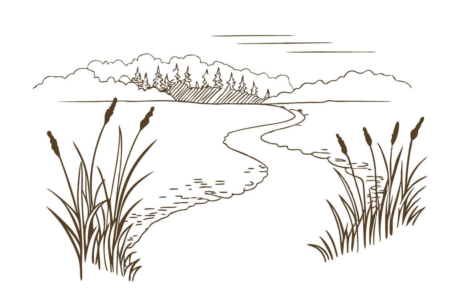 River bending through grassy marsh with reeds and forest in background tranquil nature landscape drawing vector
