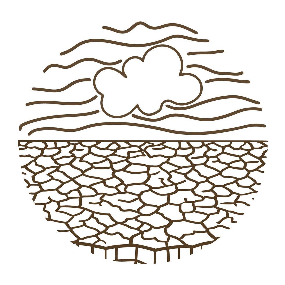 Drought icon cracked dry earth, arid land with cloud and sun rays climate change, global warming, desertification concept vector
