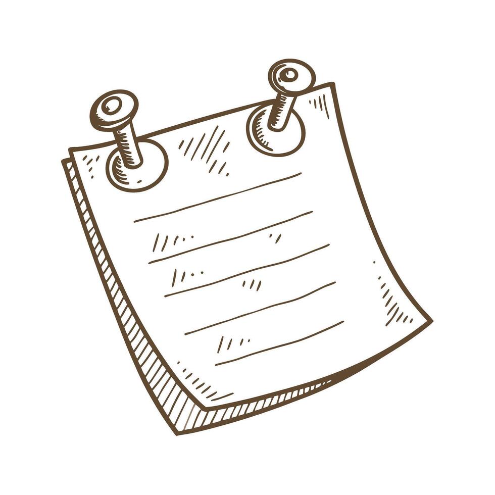 Hand drawn paper note pinned with metal tacks blank message sheet, lined reminder, sketch illustration vector