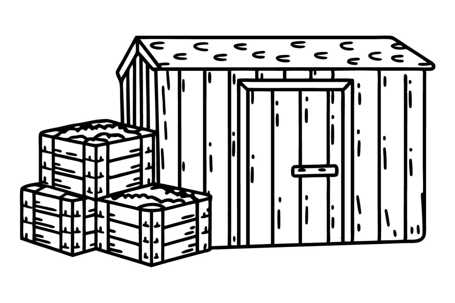 Wooden storage shed with stacked crates simple rustic structure for tools, gardening, or agricultural supplies vector