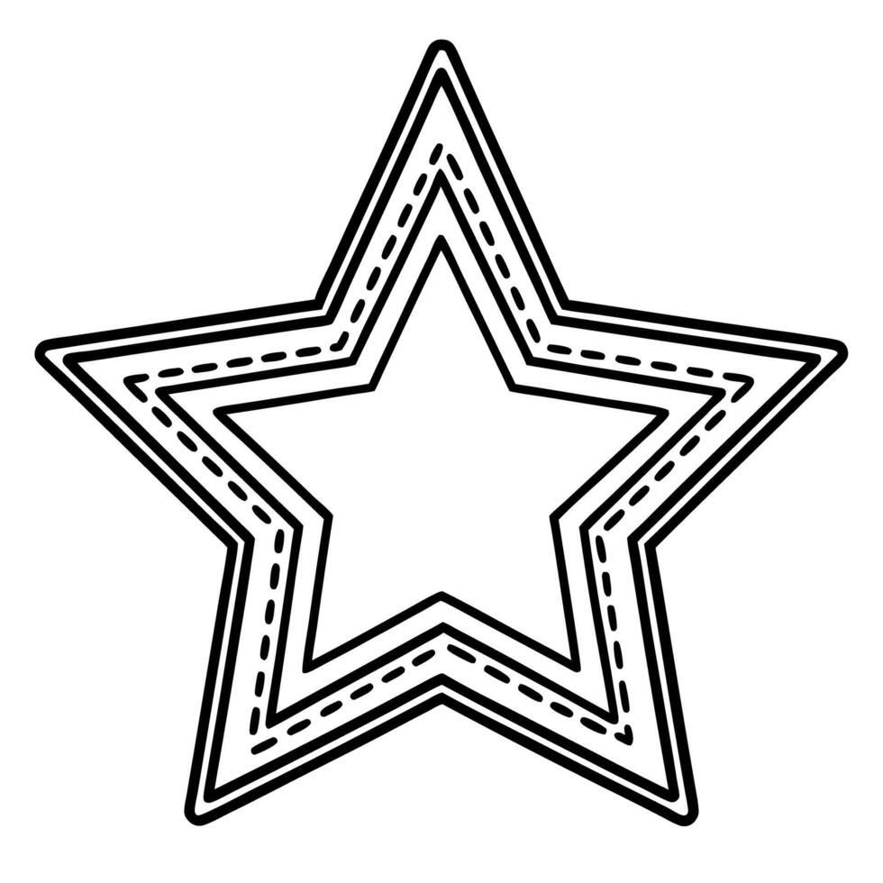 Outlined five point star with dotted lines, simple geometric black and white abstract shape illustration vector