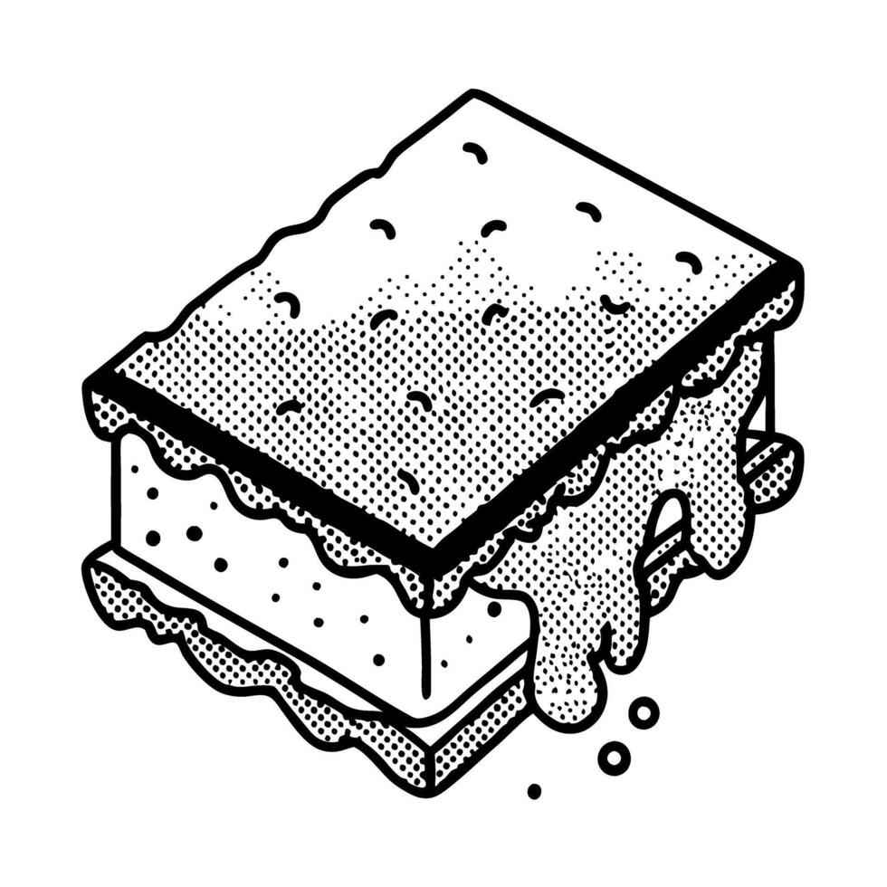 Ice cream sandwich with melting vanilla filling sketch hand drawn dessert treat, isolated on white vector