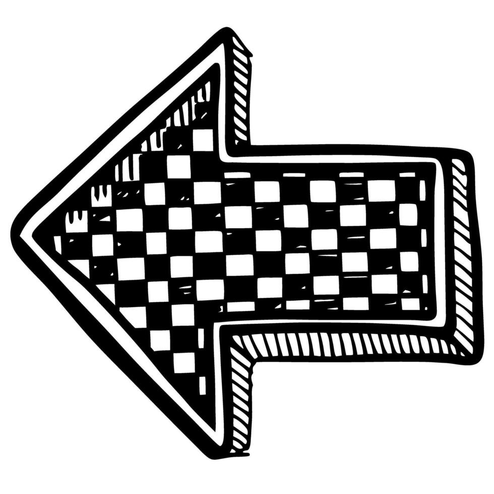 Hand drawn left arrow with checkerboard pattern, black and white sketch illustration, bold direction symbol vector