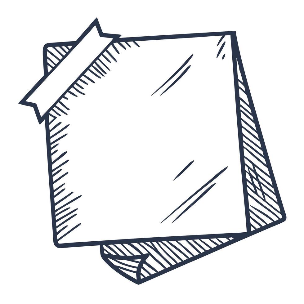 Blank sticky note, hand drawn sketch square memo pad paper with curled corner and tape at top vector
