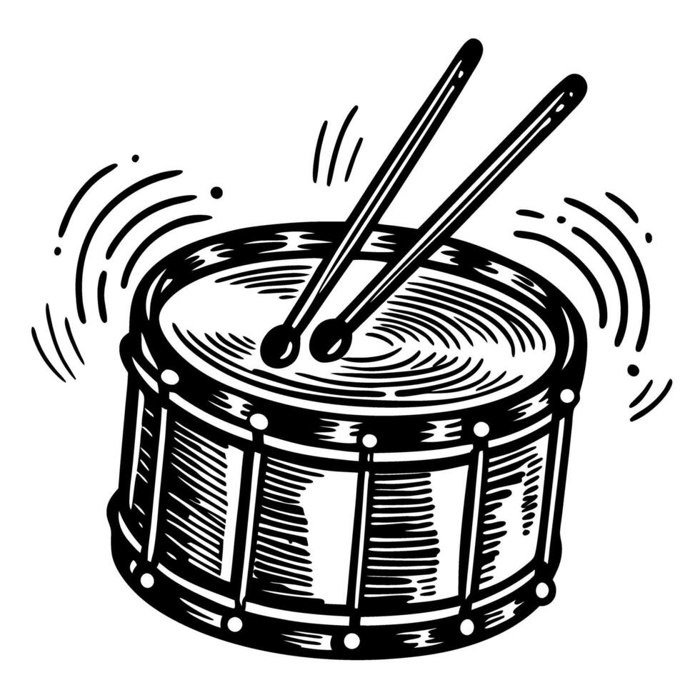Marching drum and drumsticks illustration percussion instrument in sketch style, musical rhythm concept vector
