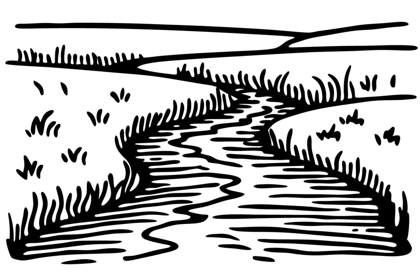 Winding river landscape illustration black and white riverbank scene with flowing water, grass, and open field nature vector