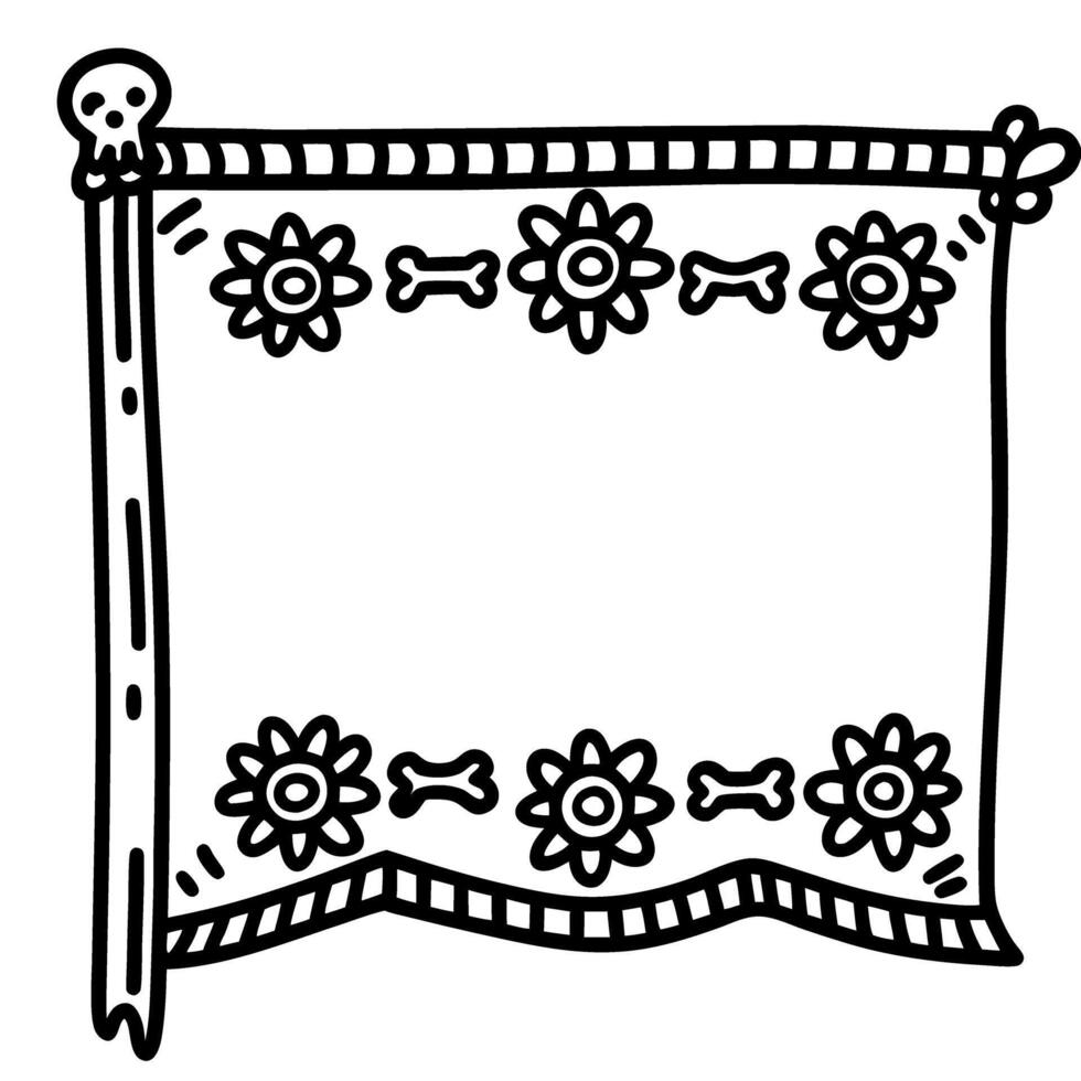 Pirate skull flag with bone and floral decorative border, blank banner for message or announcement, hand drawn doodle vector