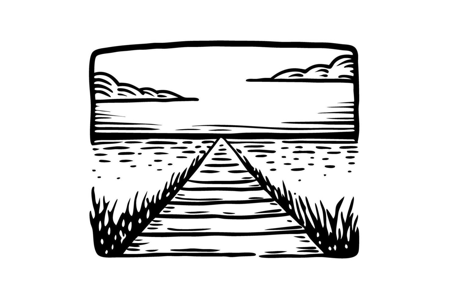 Wooden boardwalk path leading toward calm ocean horizon, tranquil landscape with clouds and grassy shore vector