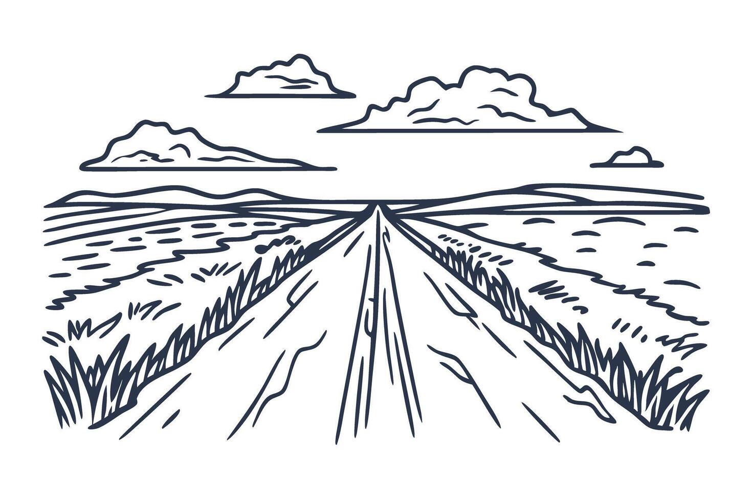 Scenic country road landscape sketch rural highway stretches toward horizon across grassy plains, cloudy sky outline vector