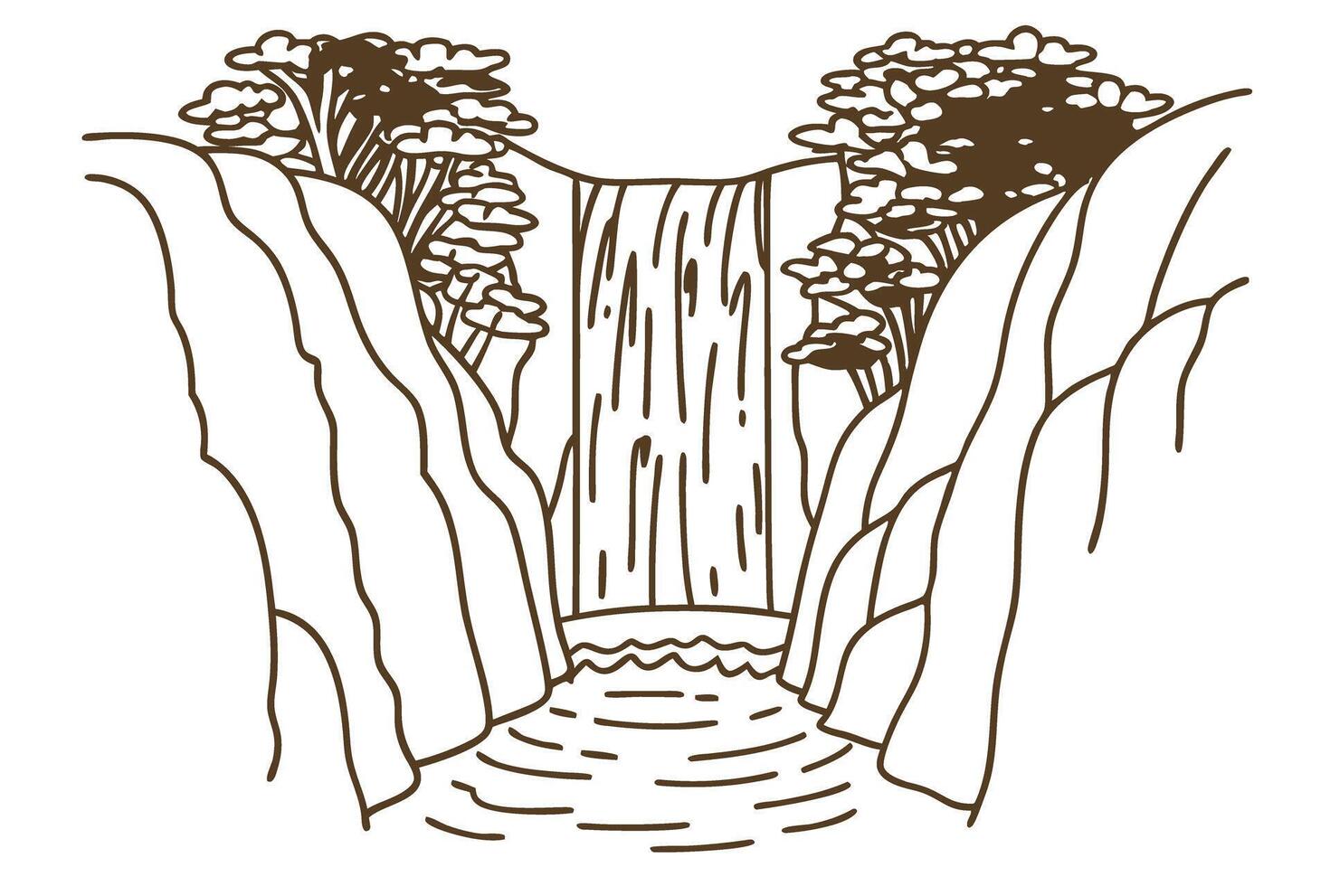 Majestic waterfall flowing between rocky cliffs with lush trees above natural landscape, tranquil flowing water vector
