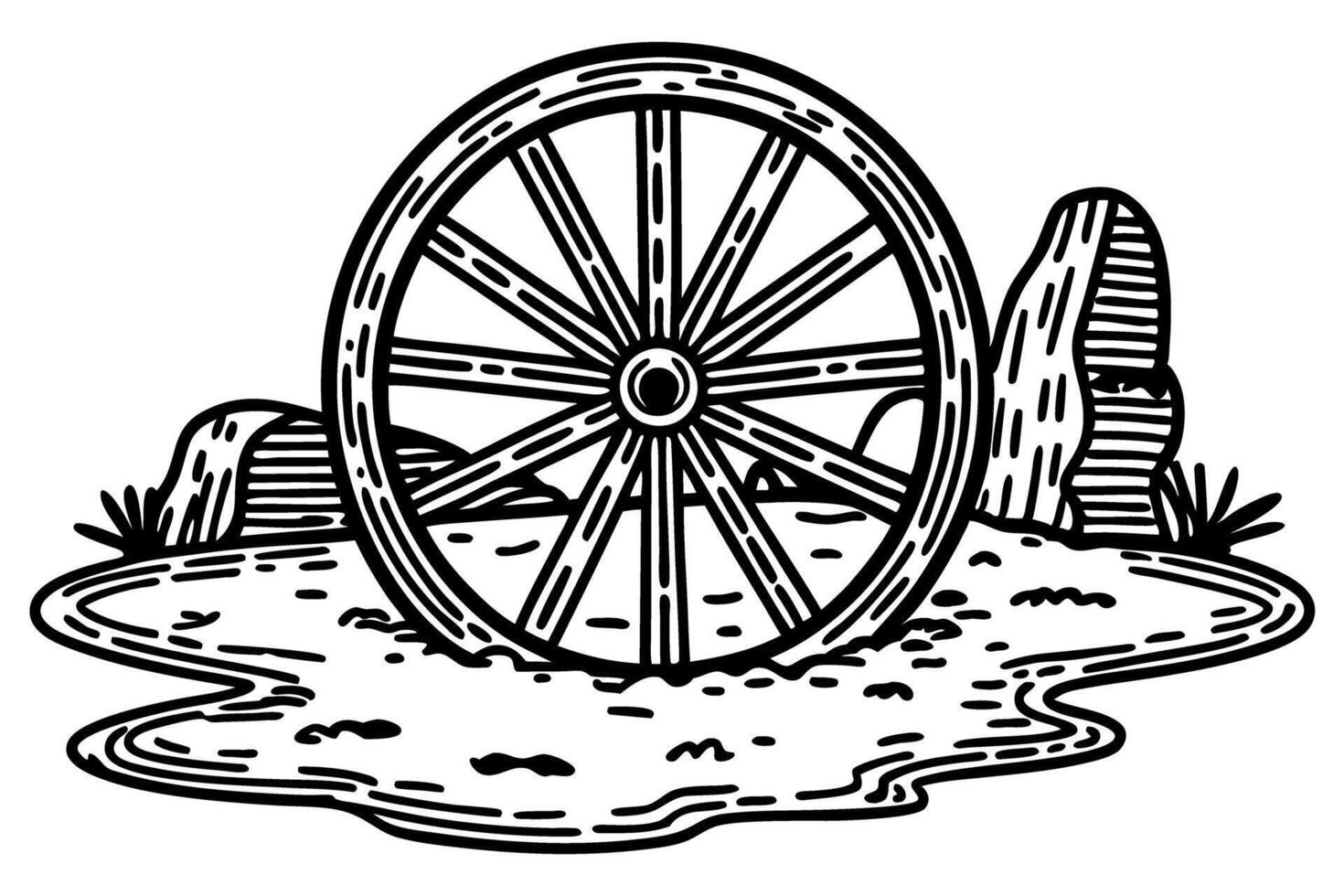 Old wooden wagon wheel resting on muddy ground with surrounding stones and grass in black and white illustration vector
