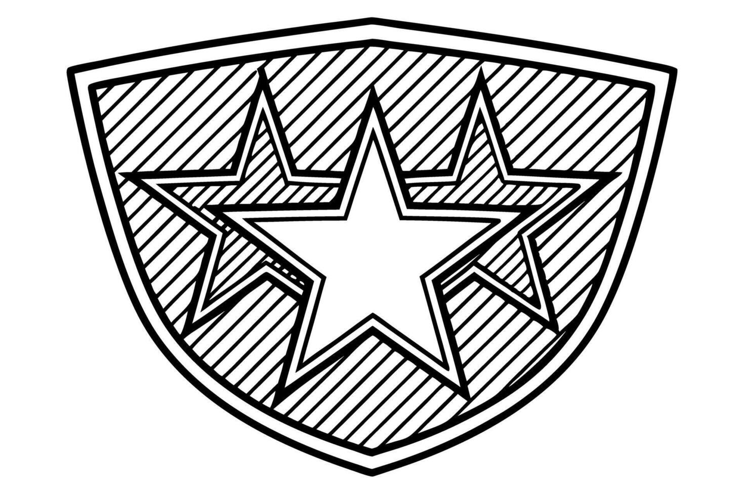 Outlined shield emblem with three stars, graphic security symbol, military badge insignia, black and white icon vector
