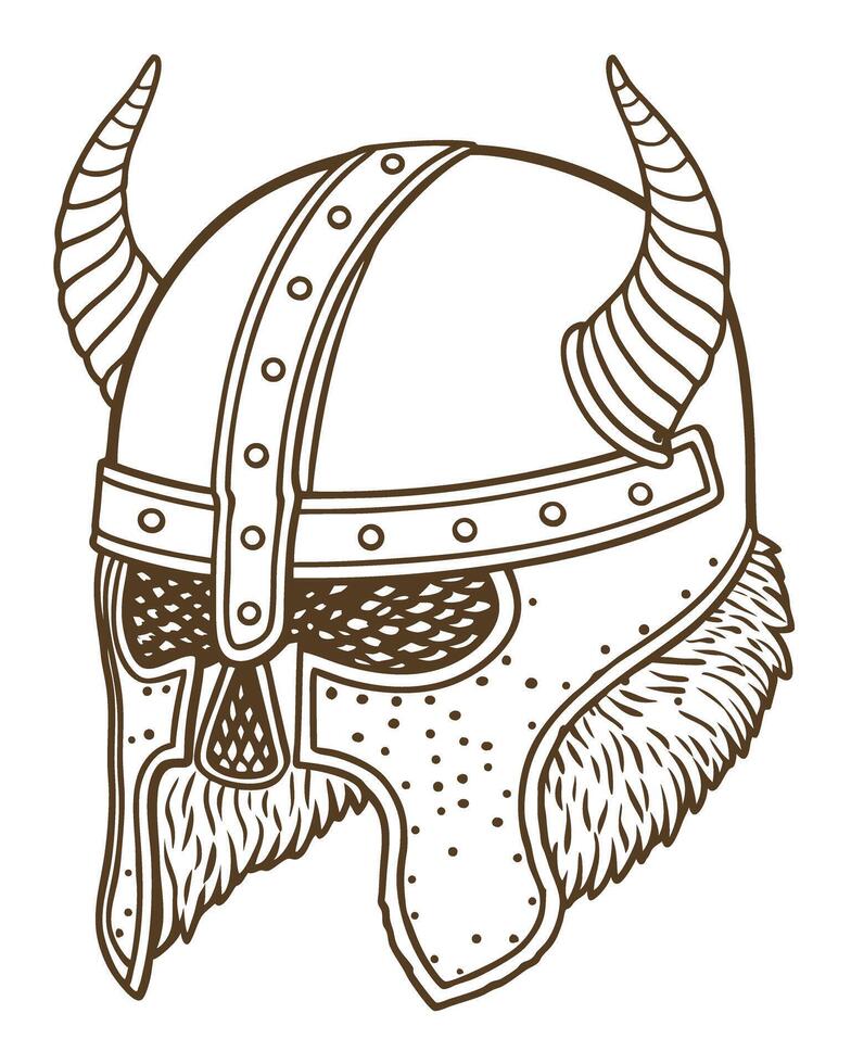 Viking horned helmet sketch medieval warrior armor illustration, norse battle helmet with fur detail vector