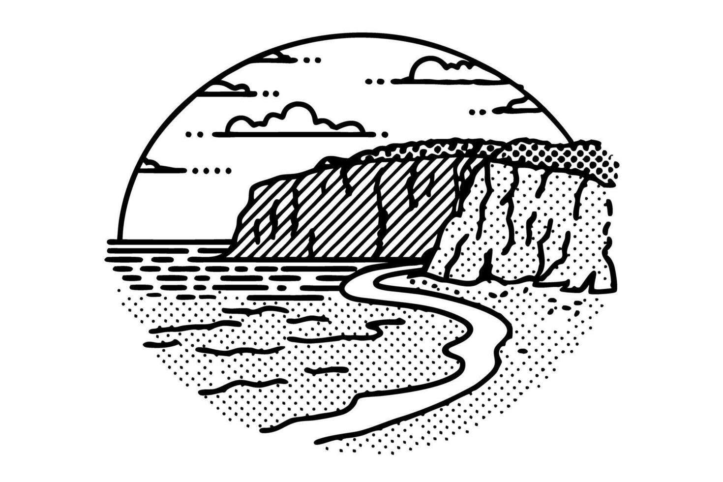 scenic coastal cliffs with winding shoreline under partly cloudy sky, tranquil ocean landscape illustration vector