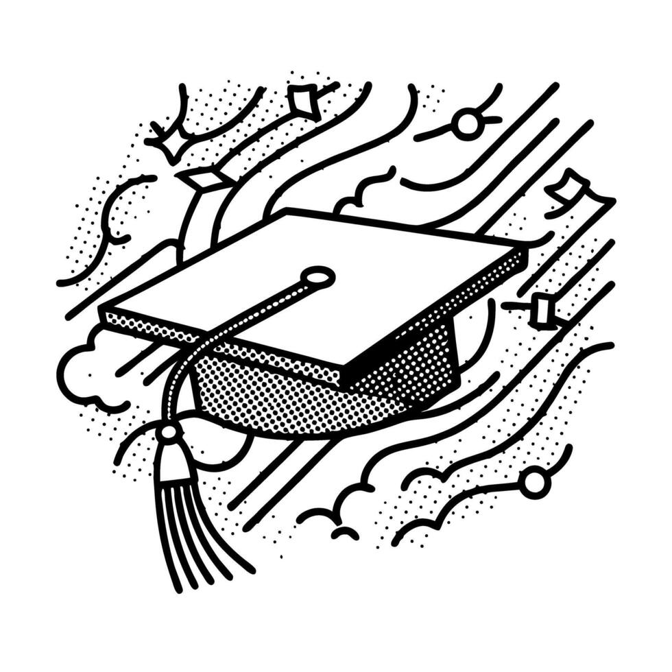 Graduation cap flying in the air, celebration of academic achievement and success, black and white illustration vector