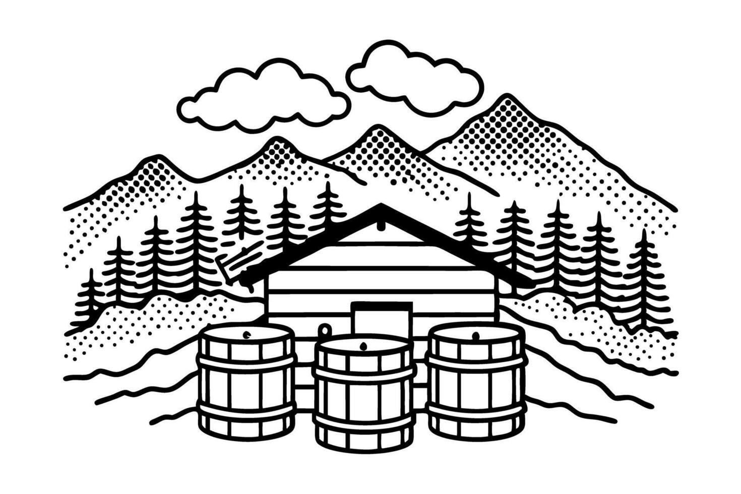 Mountain cabin and barrels rustic wooden house, pine trees, forest landscape with mountains and clouds vector