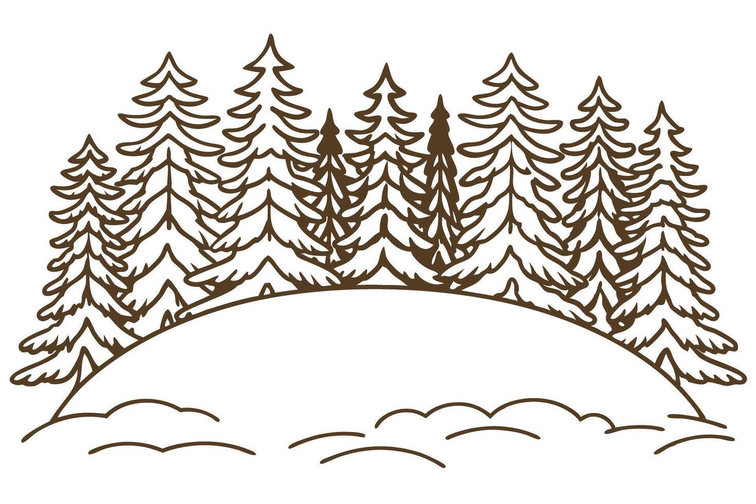 Winter forest outline illustration with fir trees on snowy hill hand drawn coniferous landscape sketch design vector