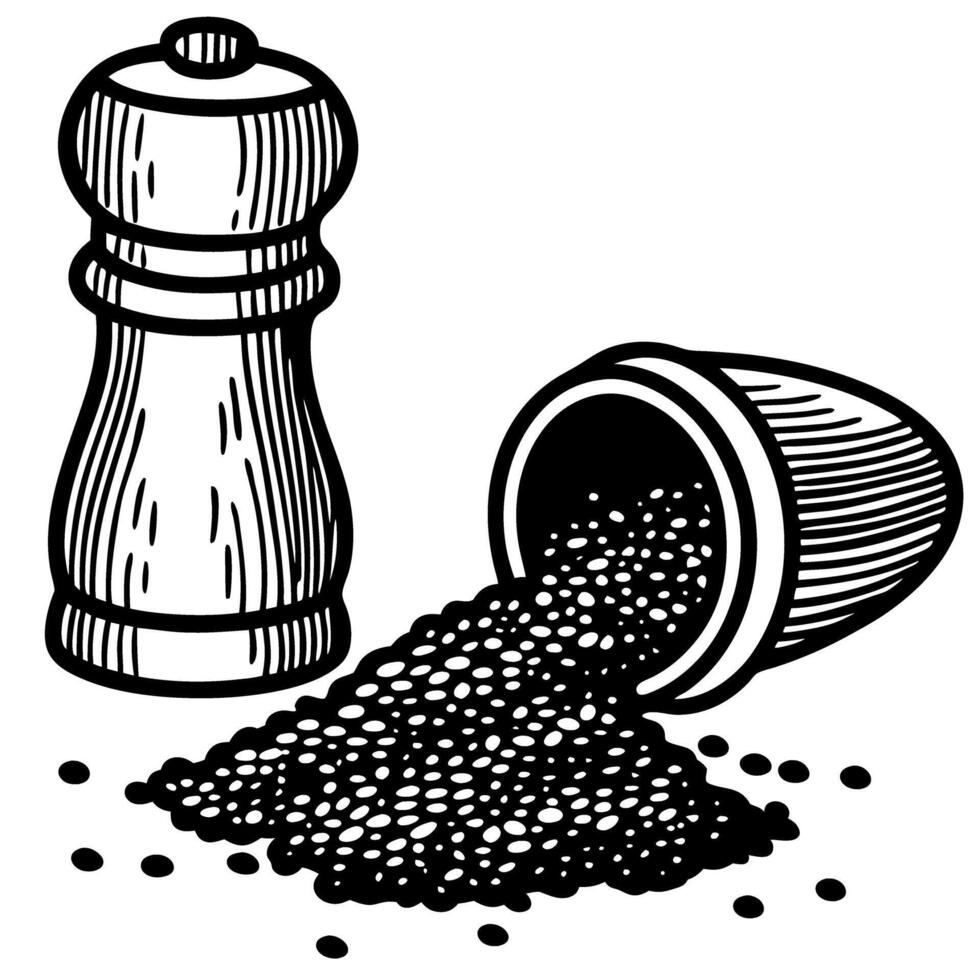 Black pepper grinder and spilled peppercorns utensil set, seasoning ingredients, isolated vintage illustration vector