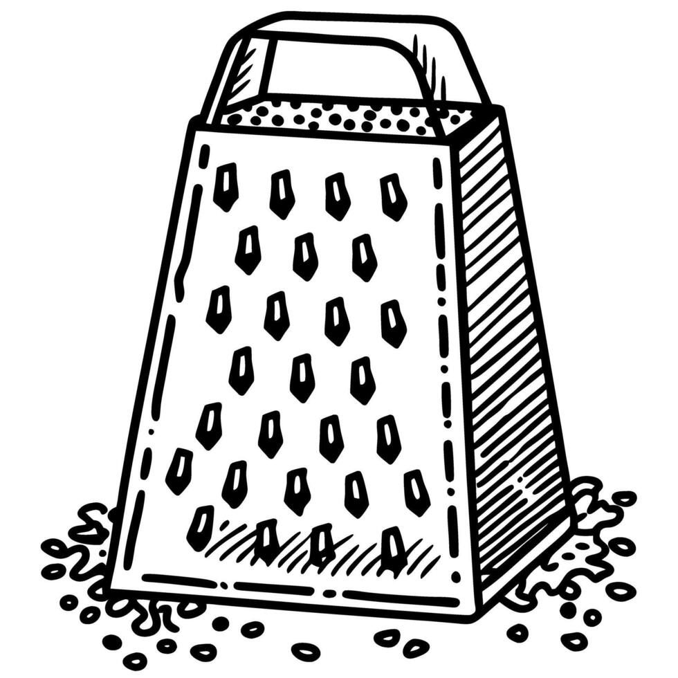 Hand drawn cheese grater with handle and grated cheese kitchen utensil for shredding foods in black and white vector
