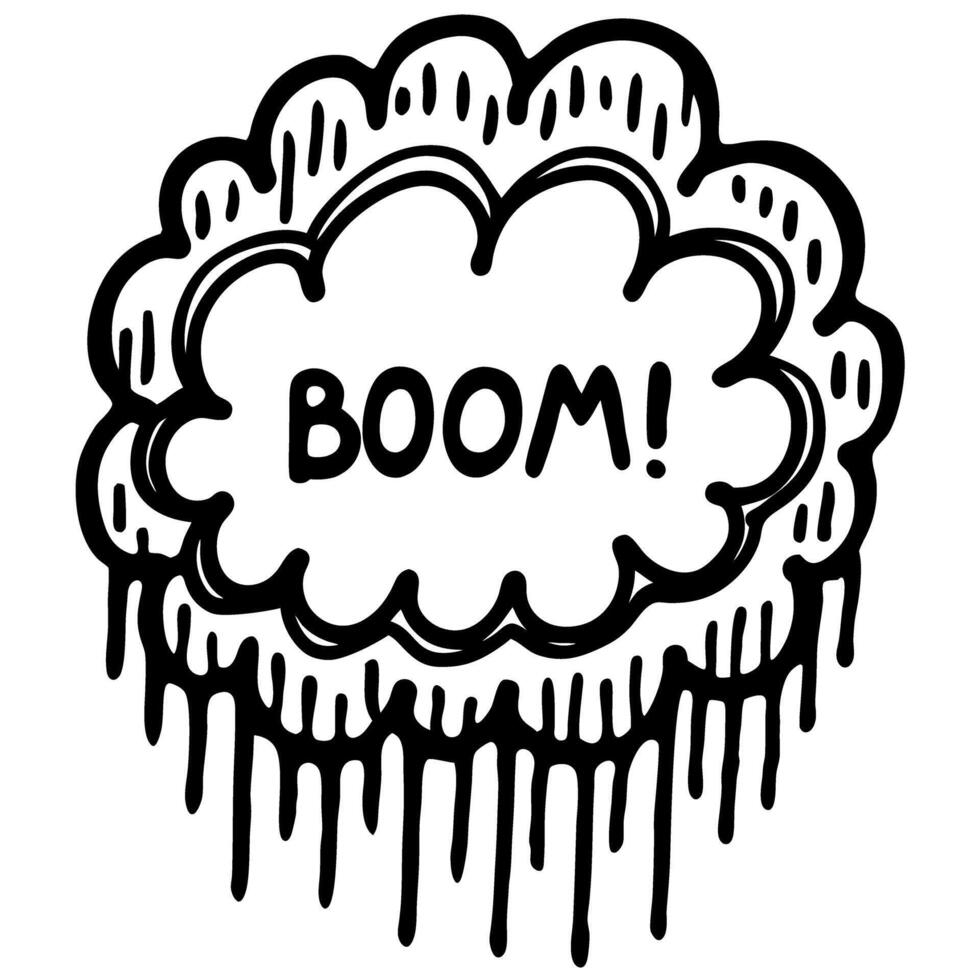 Comic explosion cloud with boom text, dynamic black outline, graphic hand drawn vector