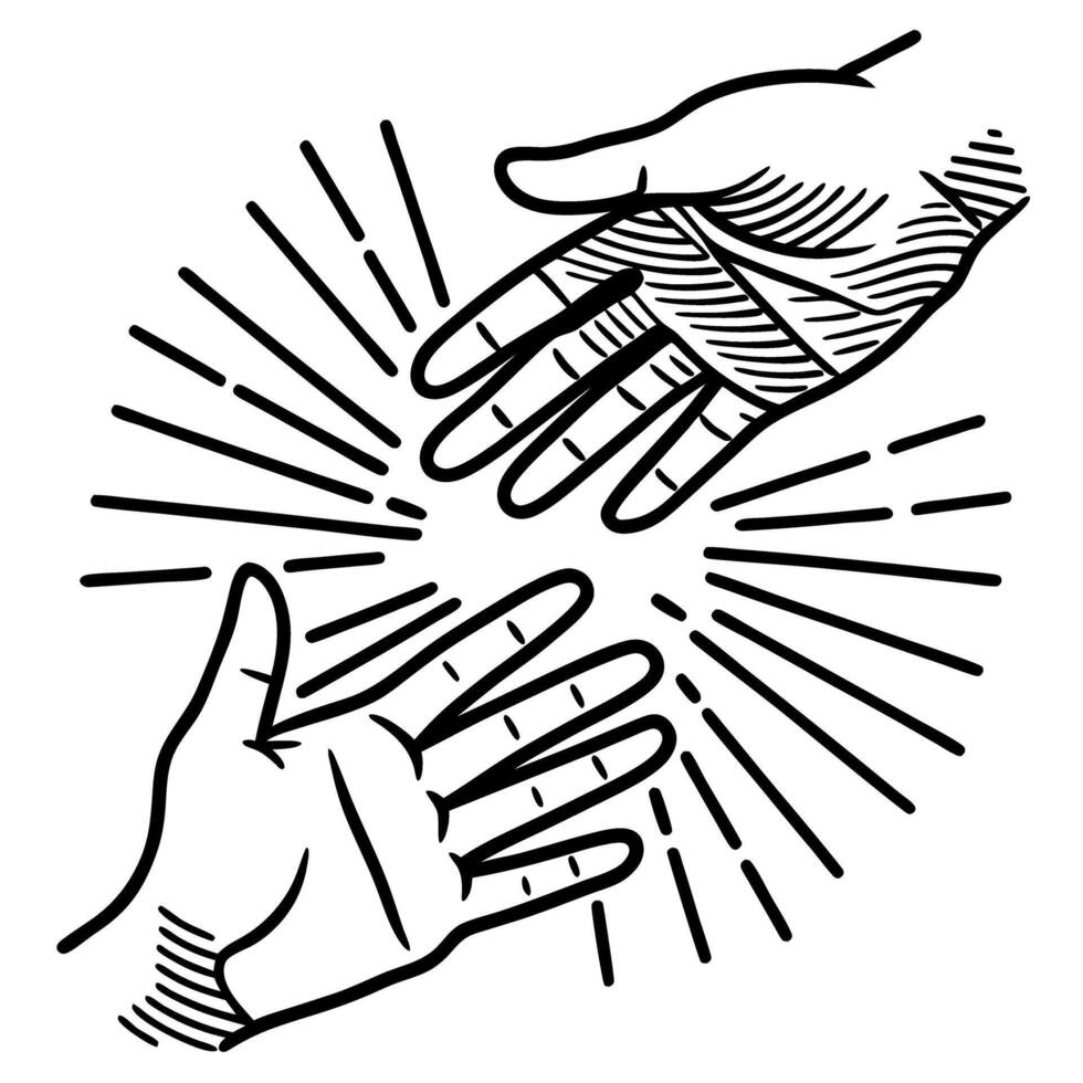 Helping hands reaching towards each other, linear mutual support, assistance, community aid concept vector