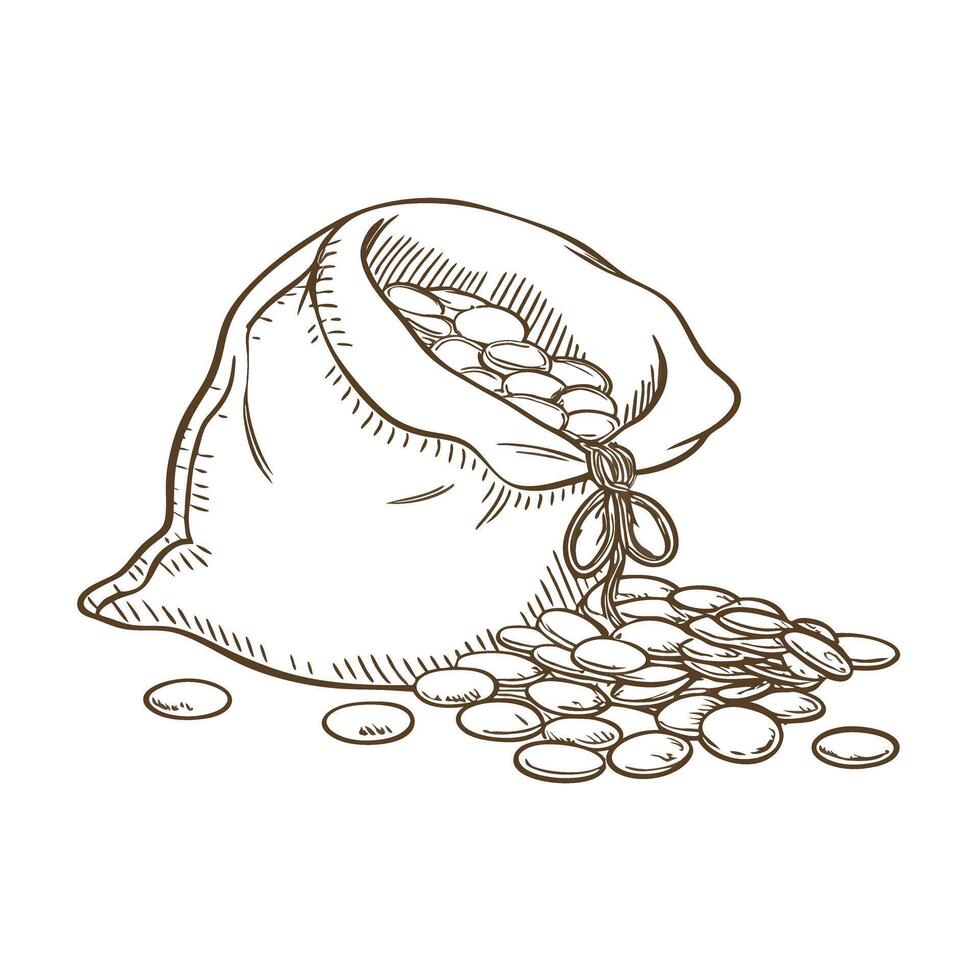 Burlap sack overflowing with scattered coins hand drawn sketch representing wealth and savings concept vector