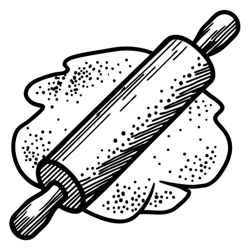 Rolling pin flattening dough, baking preparation process hand drawn sketch illustration, kitchen utensil and flour vector