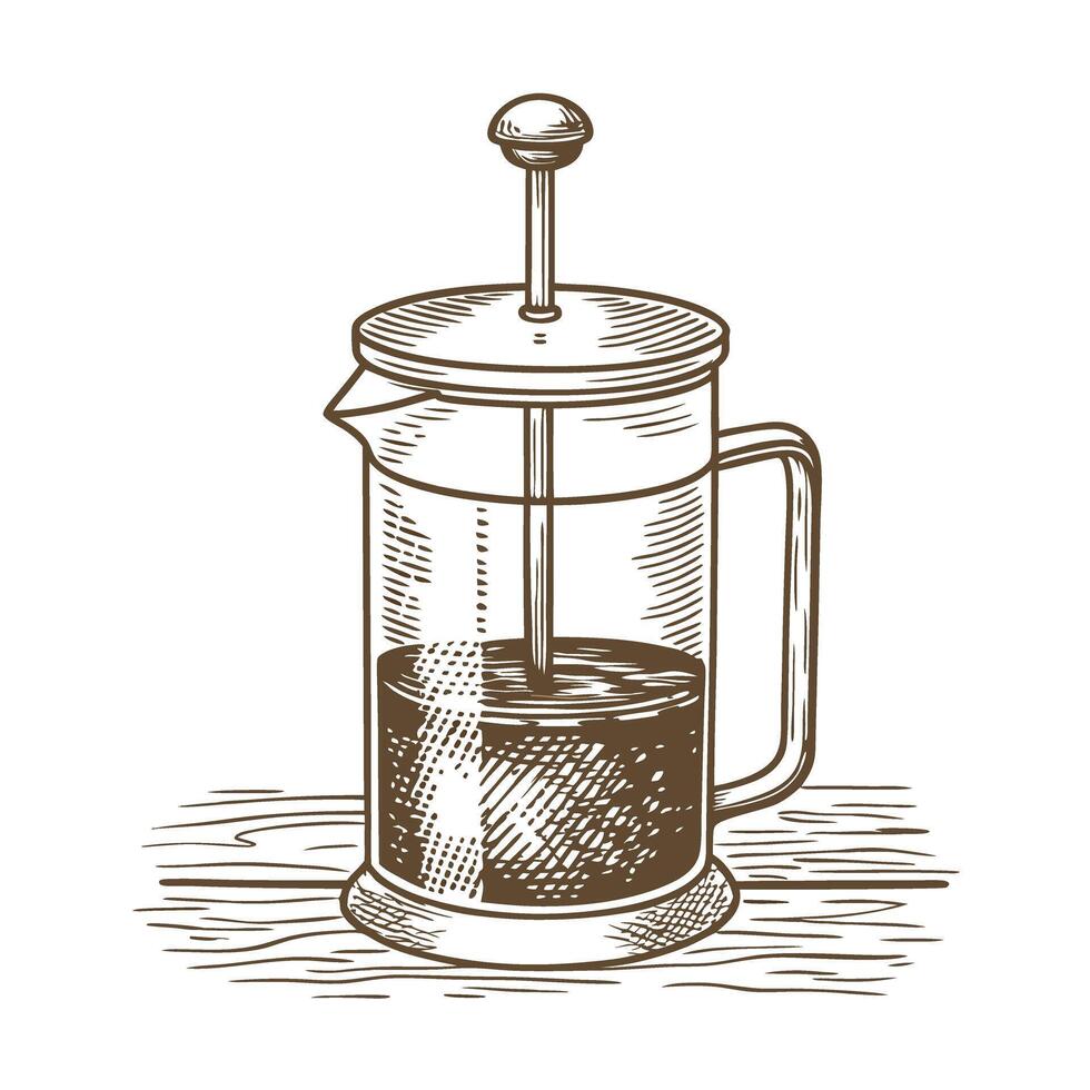 French press coffee maker with glass container and plunger on wooden surface, hand drawn sketch illustration vector