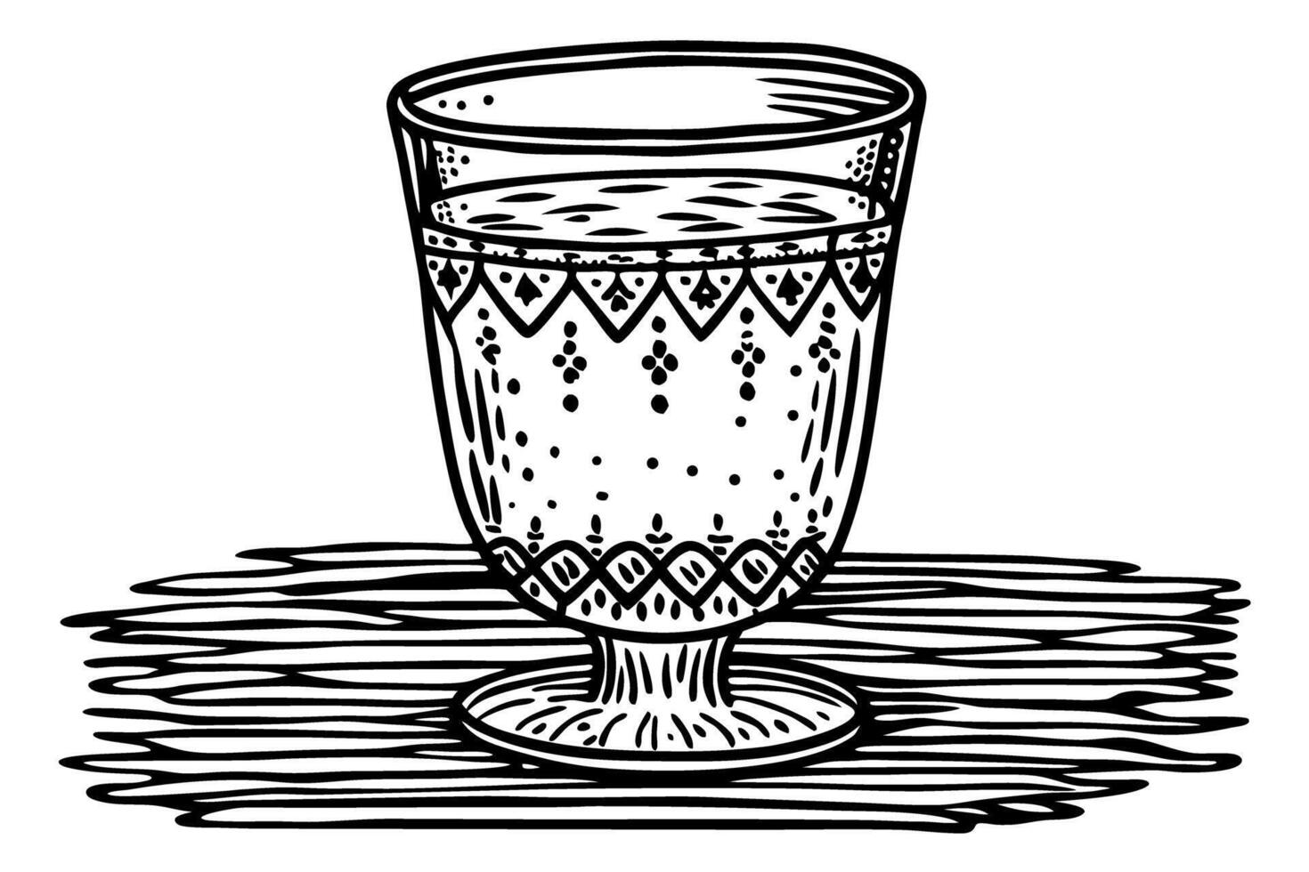 Ornate vintage drinking glass with decorative patterns on wooden table, retro cup illustration in black and white vector