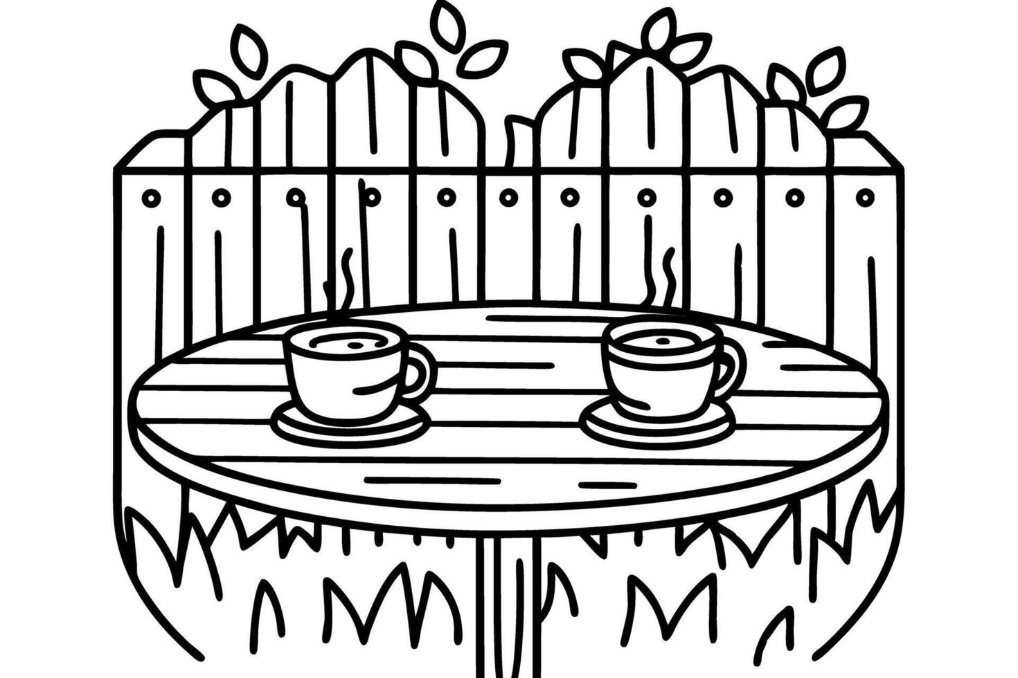 Outdoor garden table with two coffee cups, steaming hot drinks for morning relaxation and friendly conversation vector