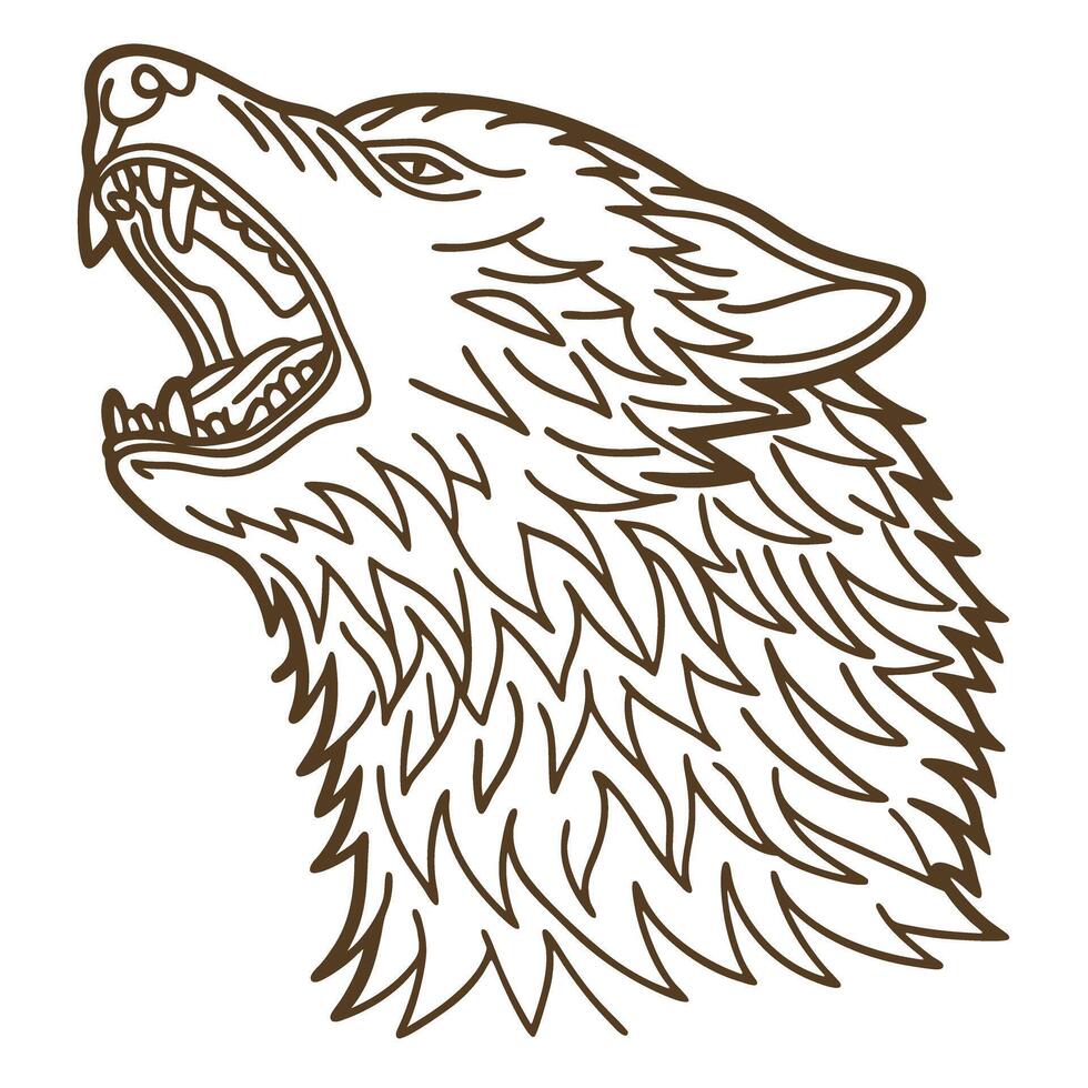Howling wolf head illustration fierce animal, open mouth, sharp teeth, wild canine outline icon design vector