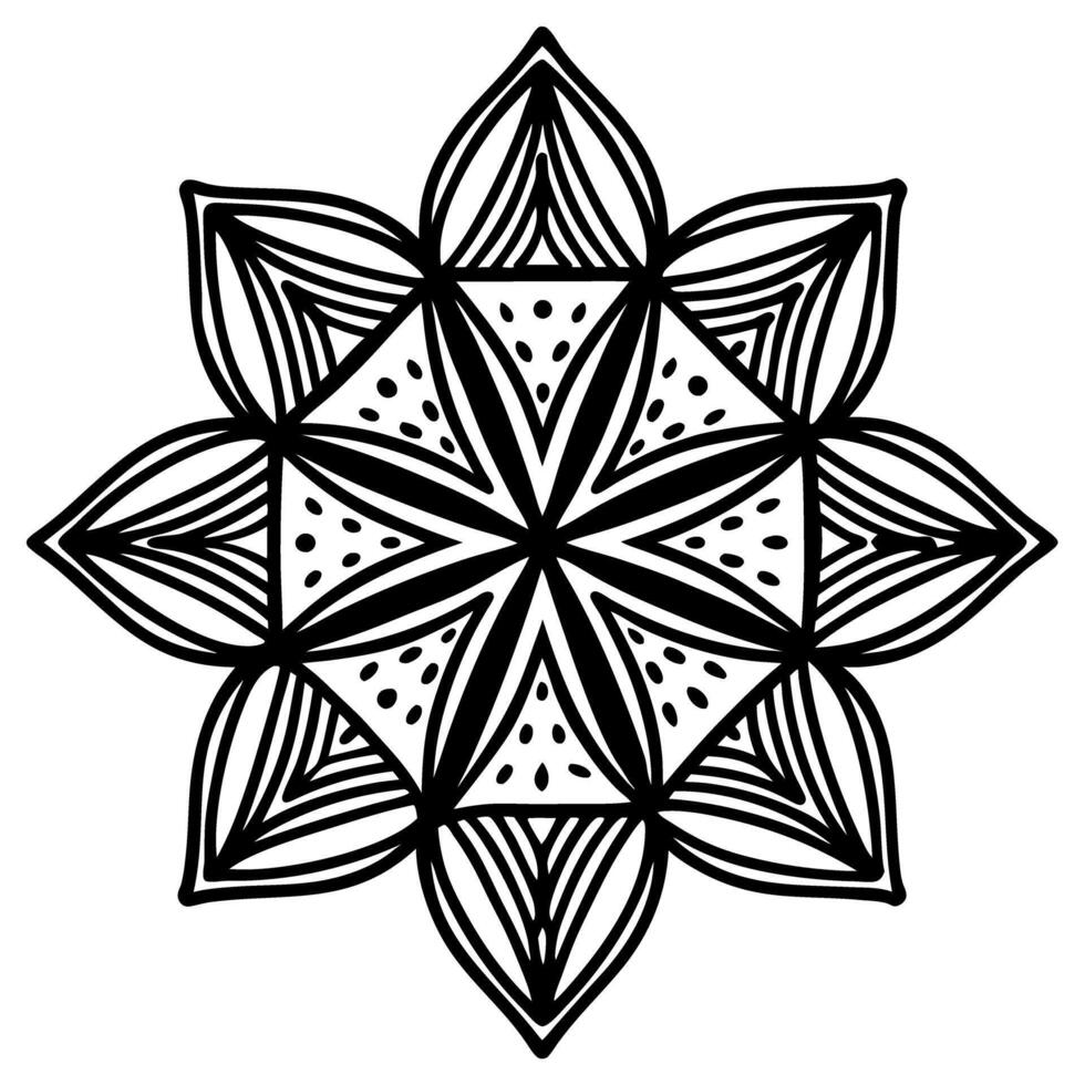 Black and white geometric mandala flower with symmetrical petal pattern intricate line art, decorative abstract design vector