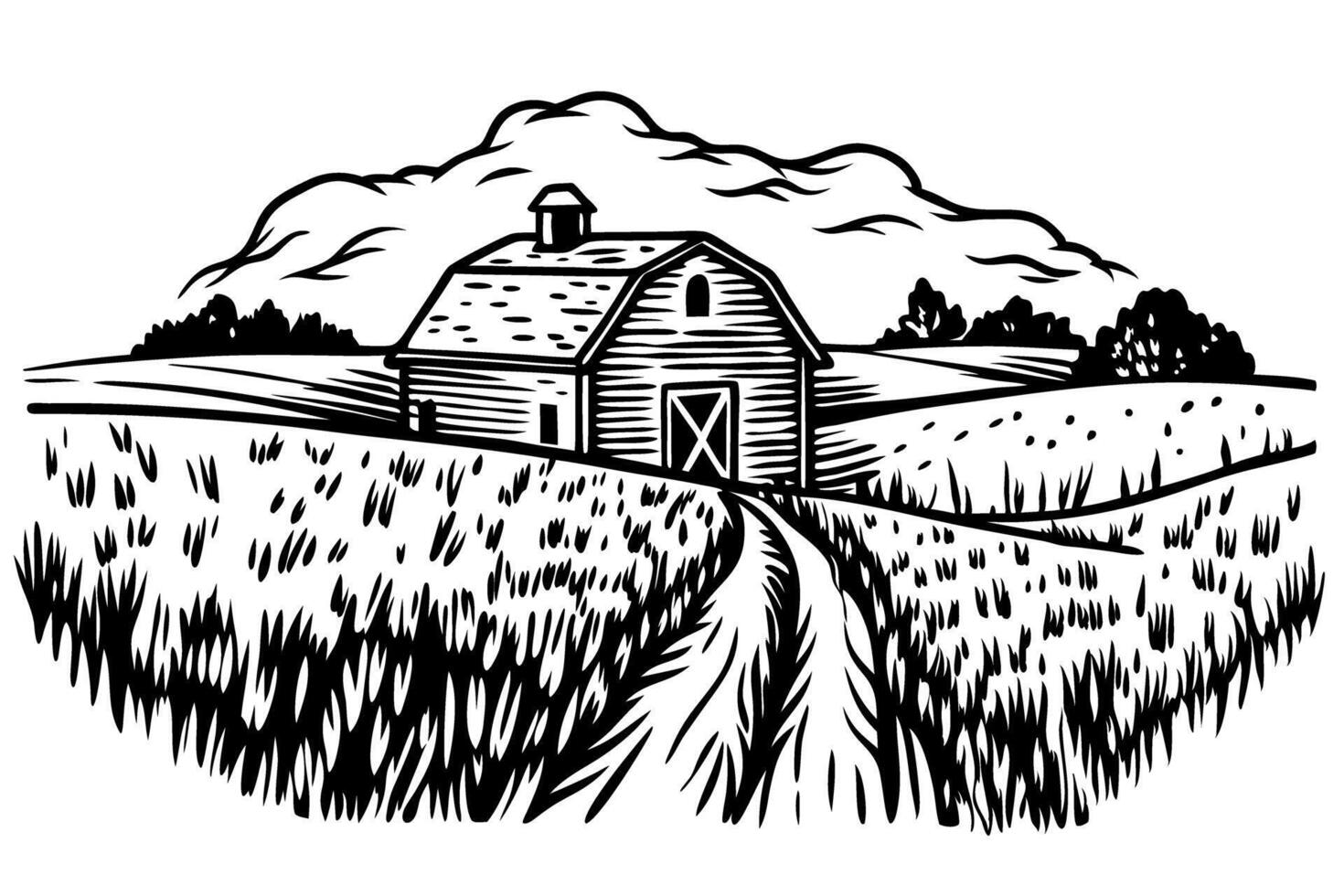 Rustic barn in open countryside with wheat fields and distant mountains, rural landscape in vintage vector