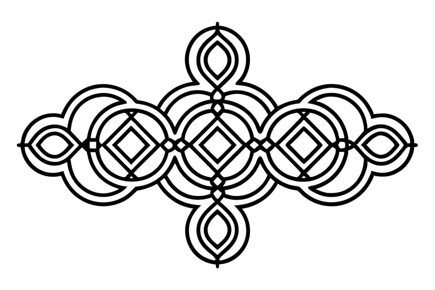 Geometric abstract linear pattern with concentric circles and diamonds symmetrical black outline on white background vector