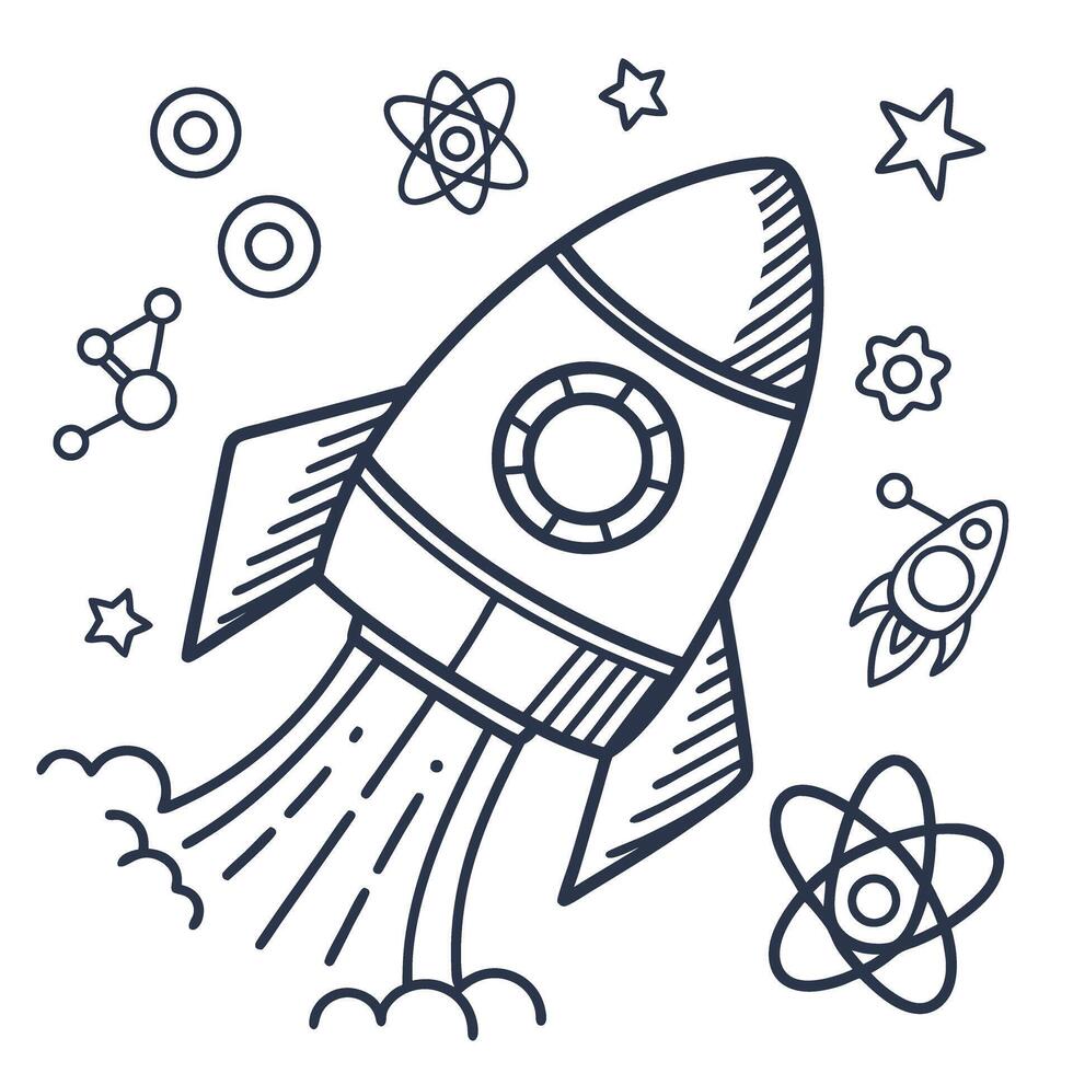 Rocket blasting off with science icons space exploration, innovation, creativity, and stem education concept vector