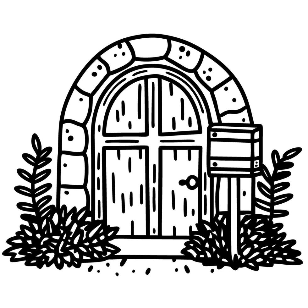 Rustic arched wooden door with stone frame, leafy plants and mailbox, hand drawn illustration vector