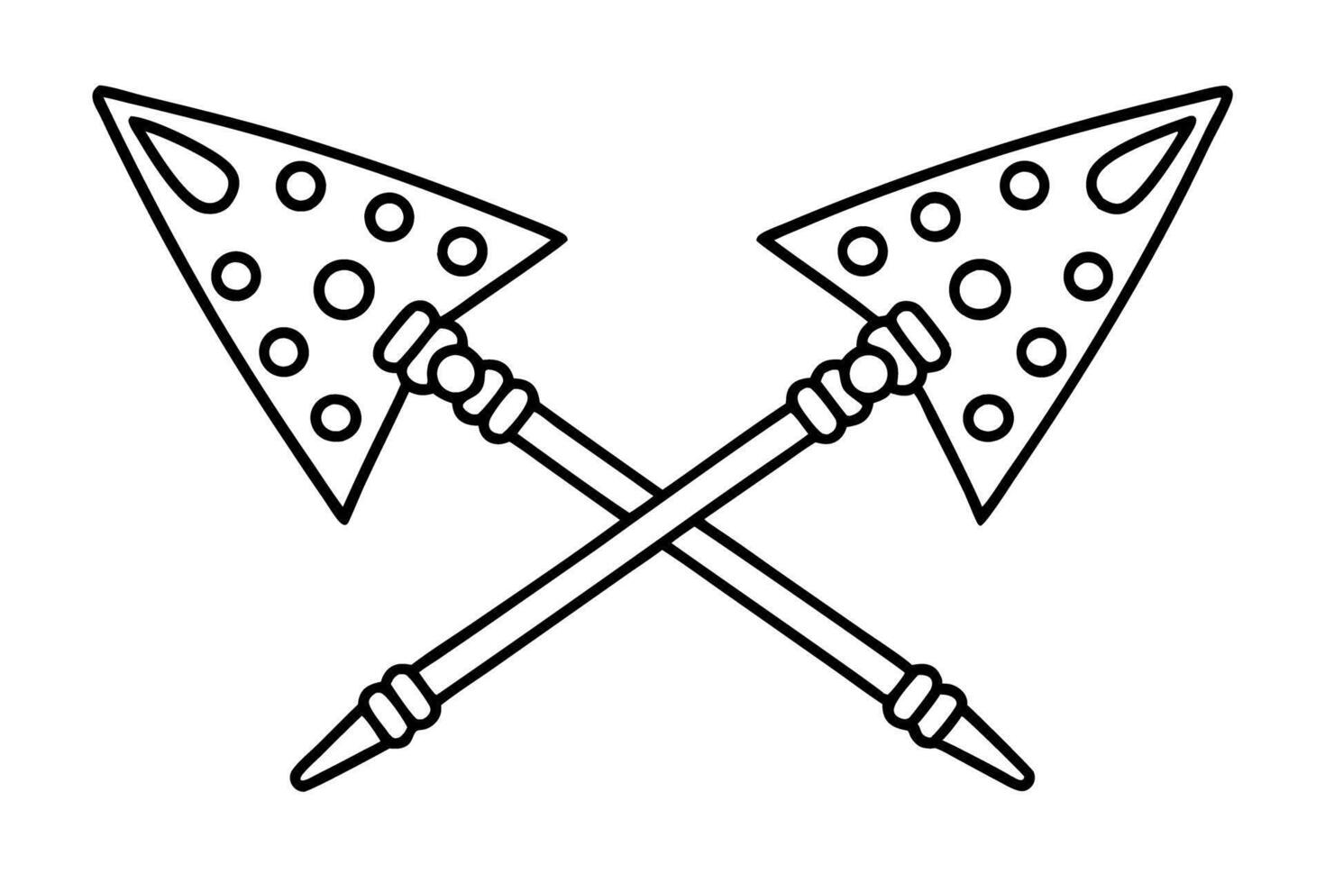 Crossed decorative arrows with dotted triangular tips, black outline isolated on white, tribal symbol vector