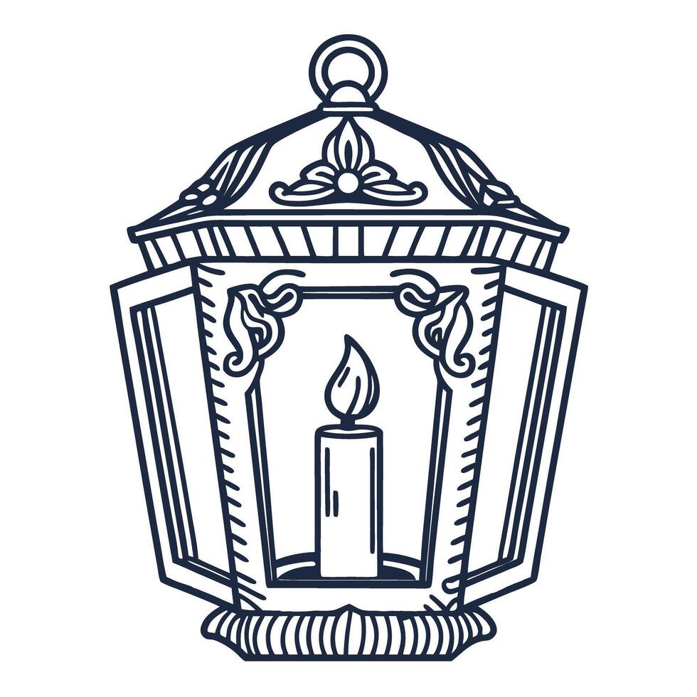 Vintage lantern with decorative metalwork and burning candle inside elegant hand drawn outline design, retro light source vector