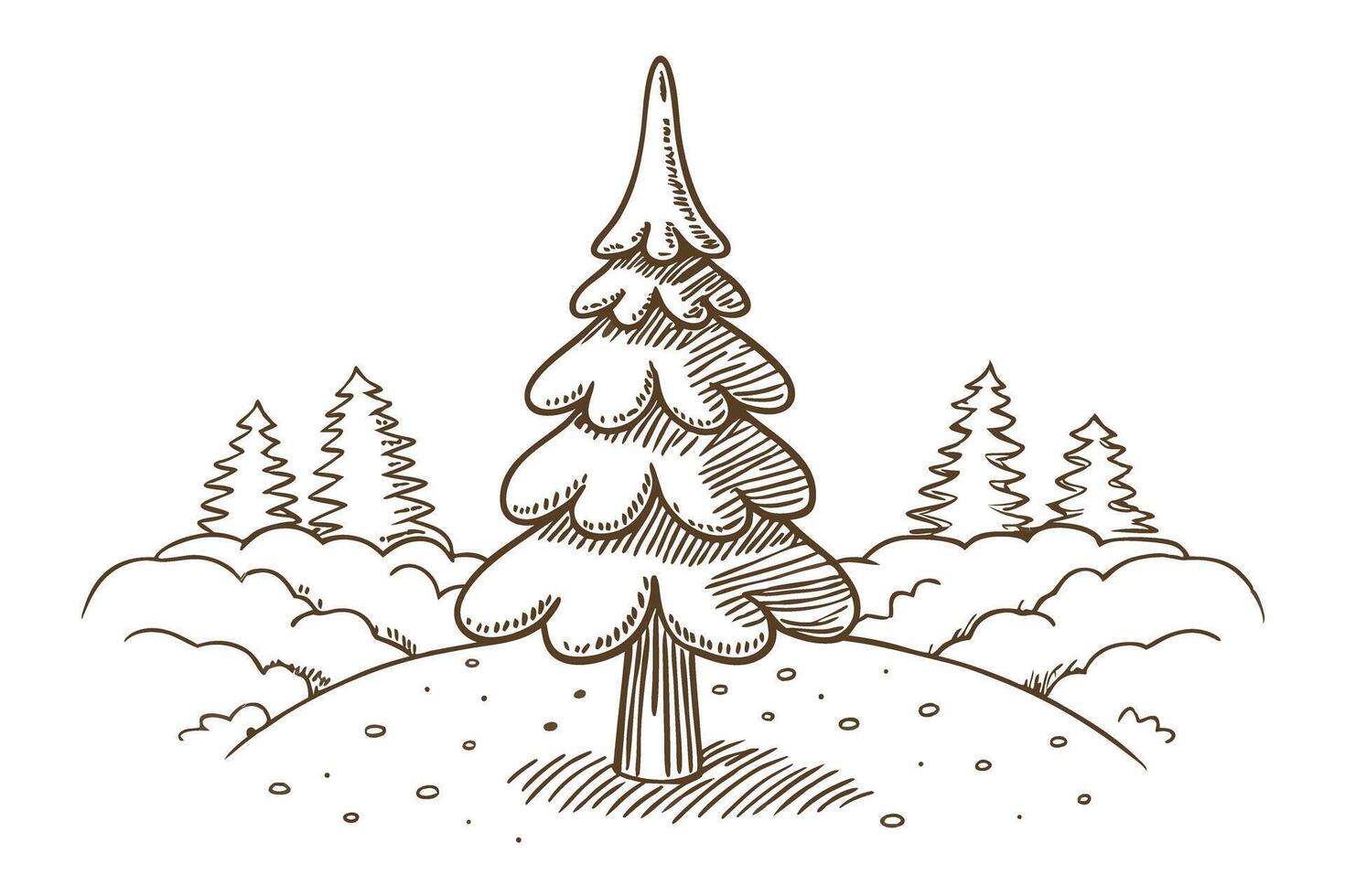 Hand drawn pine tree illustration forest landscape outline with evergreen trees, hill, and simple natural lines vector