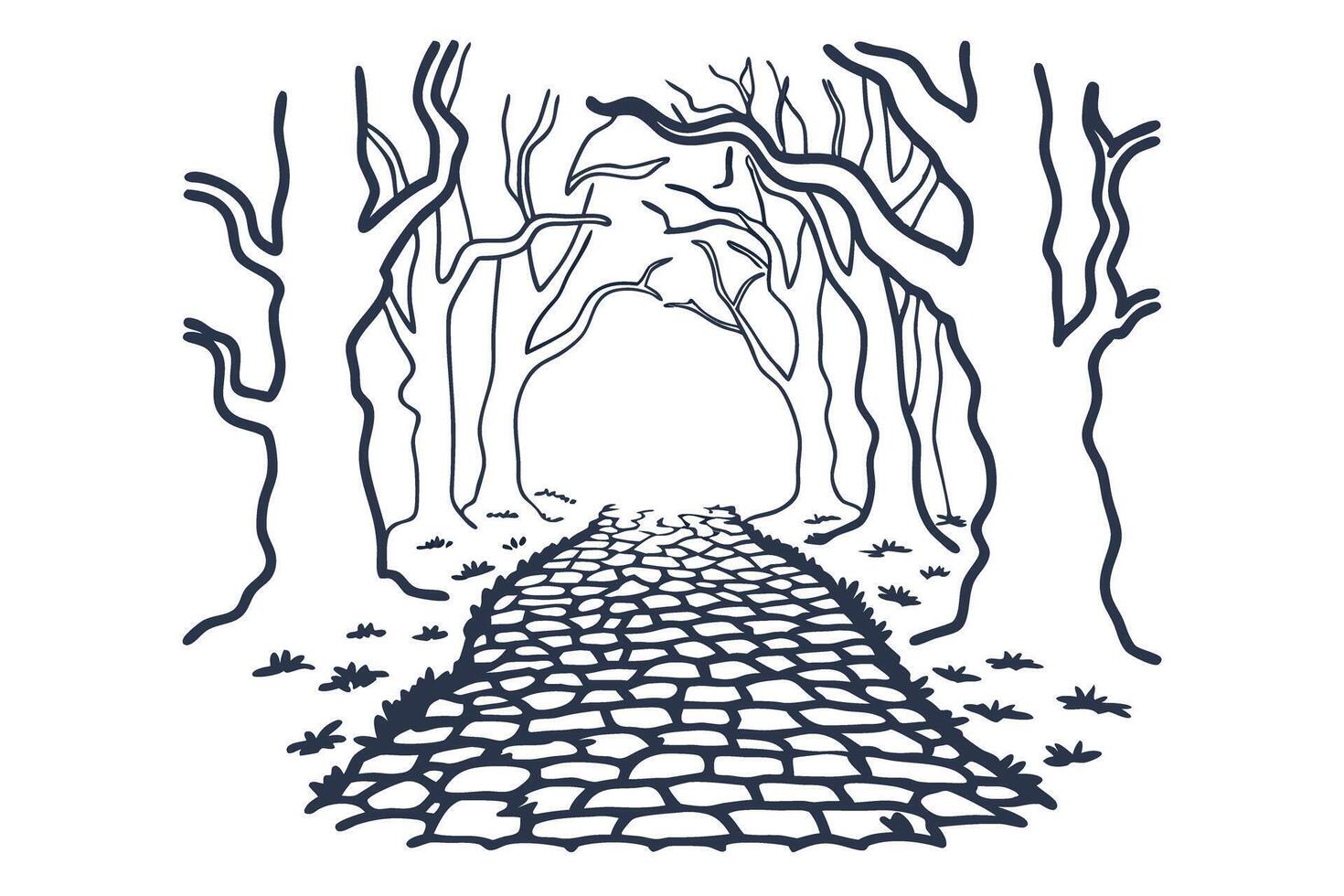 Cobblestone path leading through bare trees forest trail, winding walkway, nature illustration, woodland scene, outline sketch vector