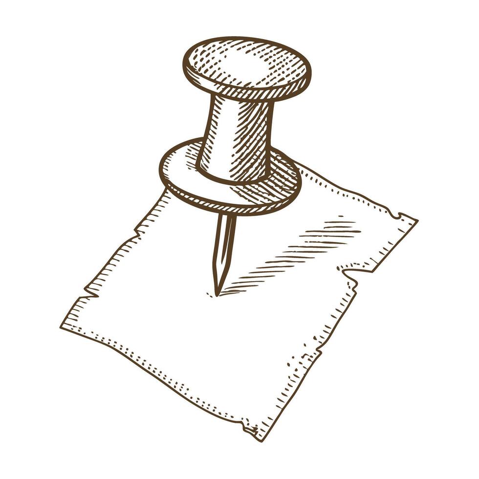 Vintage drawing of push pin securing blank paper note hand drawn sketch illustration, concept for reminders vector