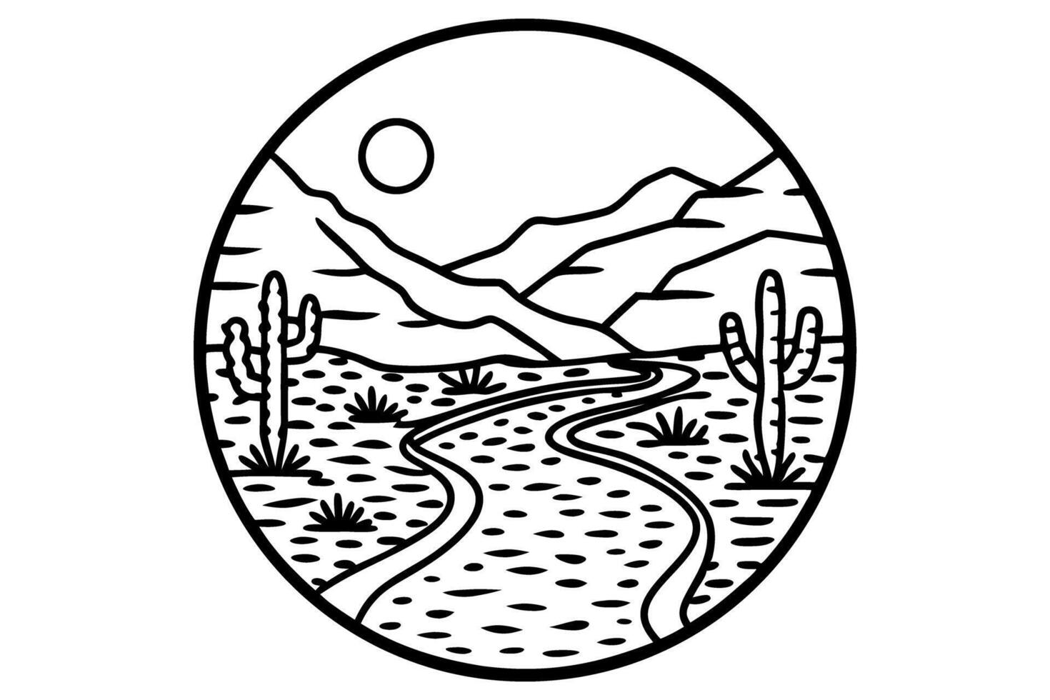Desert landscape with mountains, winding river, cactus plants and sun arid scenery, wilderness outline illustration vector