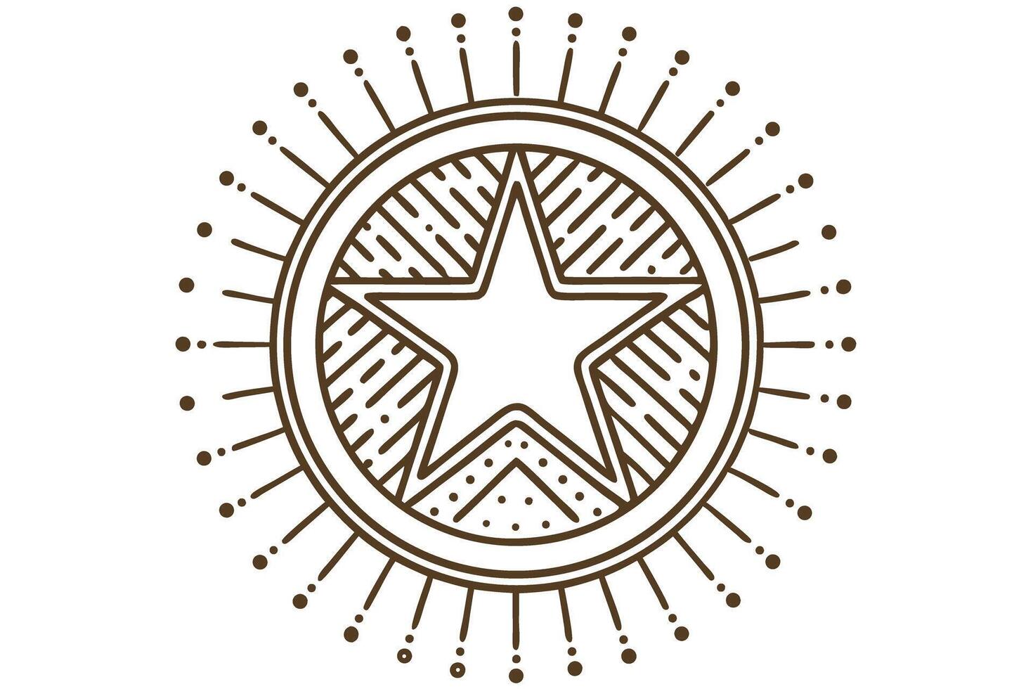 Geometric star symbol with decorative circular sunburst, linear pattern, abstract cosmic emblem, retro vector